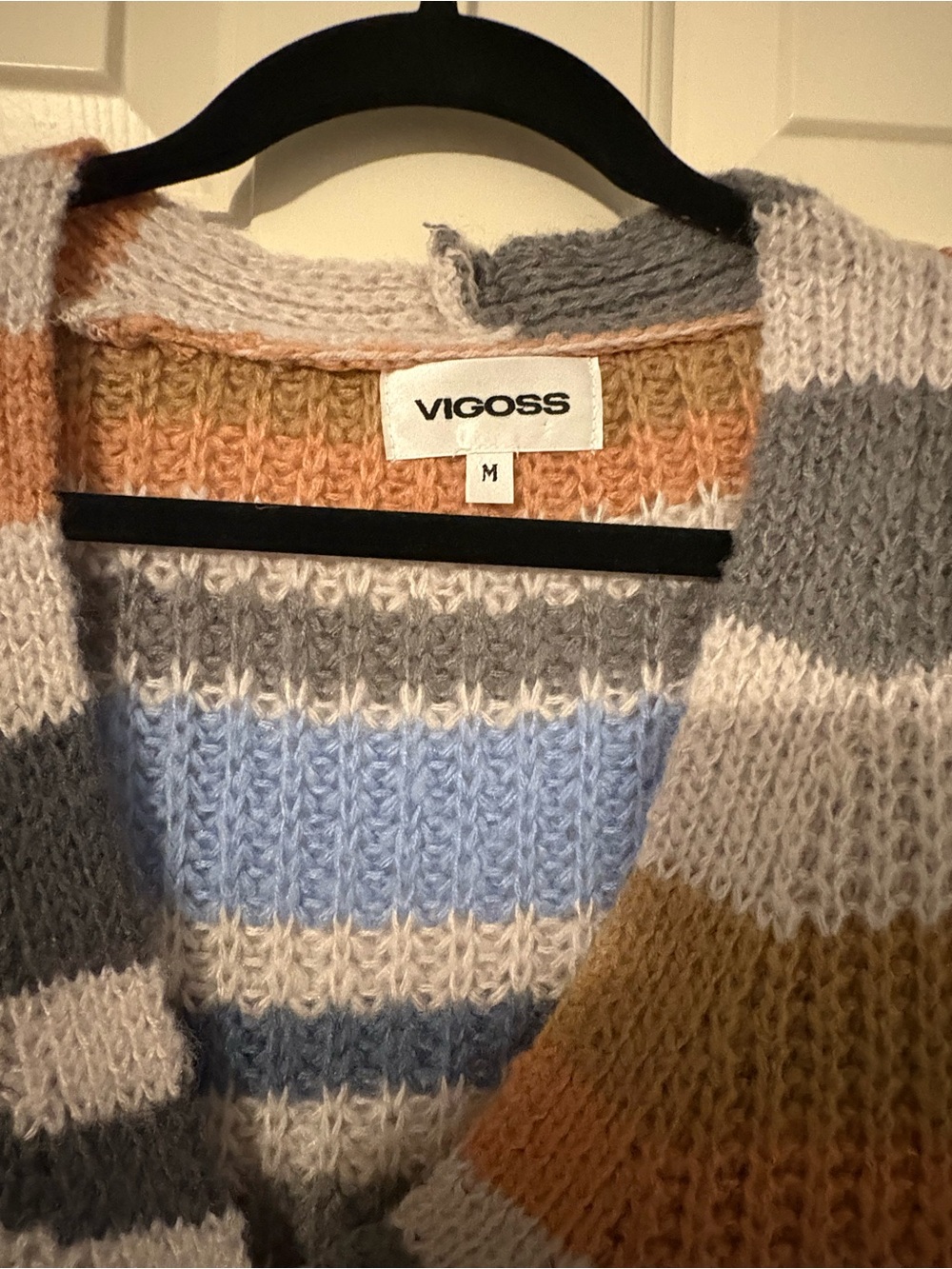 Vigoss Women's V-Neck Striped Knit Sweater in Blue, Gray, Cream and Brown
